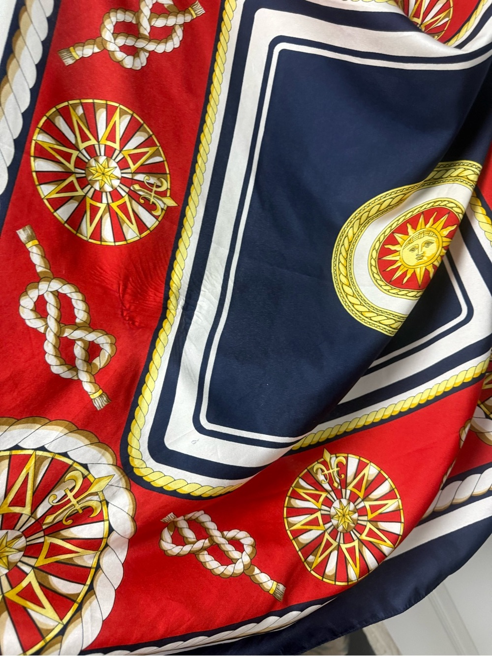 Nautical Medallion Print Silk Scarf in Red, Navy and Gold